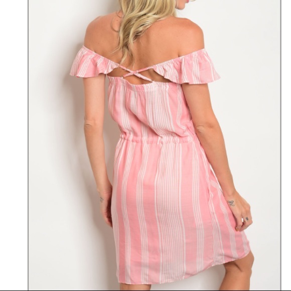 Pink & white Striped ruffle OTS tunic dress NEW! - Picture 2 of 8